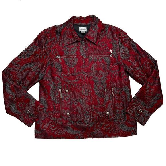 Chico's Floral Paisley Tapestry Print Jacket Red Gray Collared Snap Button Boho - Picture 1 of 10